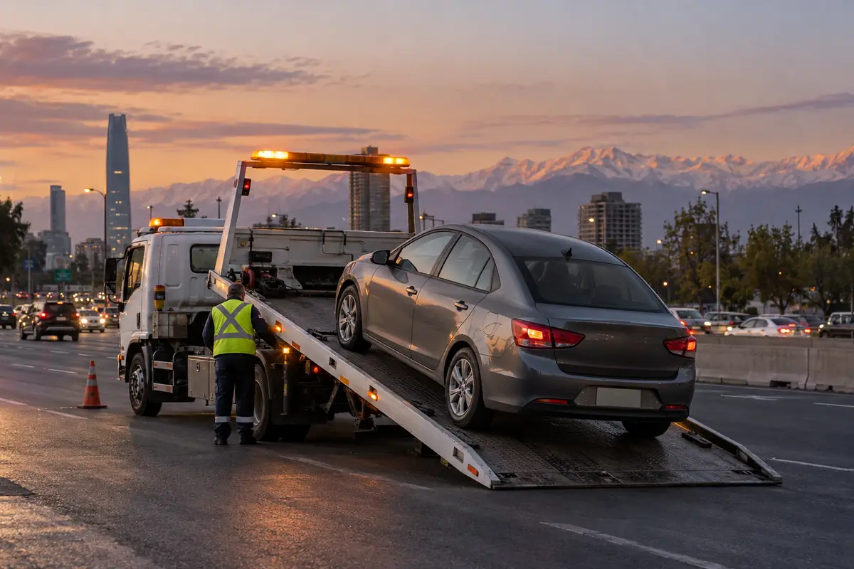 Grúa de plataforma cargando un auto en una calle de Santiago